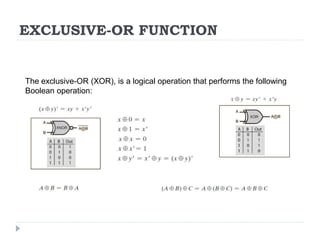 EXCLUSIVE-OR FUNCTION
The exclusive-OR (XOR), is a logical operation that performs the following
Boolean operation:
 