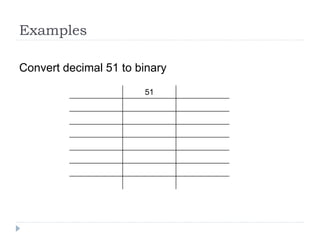 Examples
Convert decimal 51 to binary
51
 