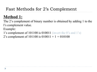 Fast Methods for 2’s Complement
Method 1:
The 2’s complement of binary number is obtained by adding 1 to the
l’s complement value.
Example:
1’s complement of 101100 is 010011 (invert the 0’s and 1’s)
2’s complement of 101100 is 010011 + 1 = 010100
 
