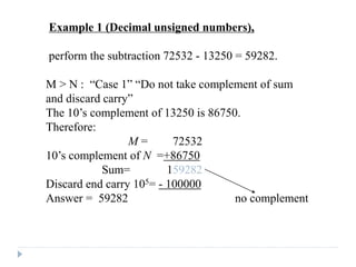 Example 1 (Decimal unsigned numbers),
perform the subtraction 72532 - 13250 = 59282.
M > N : “Case 1” “Do not take complement of sum
and discard carry”
The 10’s complement of 13250 is 86750.
Therefore:
M = 72532
10’s complement of N =+86750
Sum= 159282
Discard end carry 105= - 100000
Answer = 59282 no complement
 