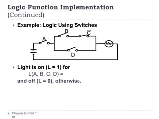 Logic Function Implementation
(Continued)
Chapter 2 - Part 1
91
 Example: Logic Using Switches
 Light is on (L = 1) for
L(A, B, C, D) =
and off (L = 0), otherwise.
B
A
D
C
 