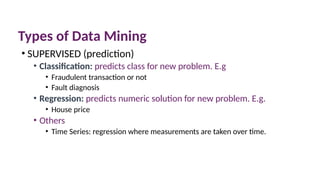 Types of Data Mining
• SUPERVISED (prediction)
• Classification: predicts class for new problem. E.g
• Fraudulent transaction or not
• Fault diagnosis
• Regression: predicts numeric solution for new problem. E.g.
• House price
• Others
• Time Series: regression where measurements are taken over time.
 