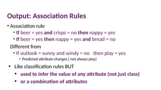 Output: Association Rules
• Association rule
• If beer = yes and crisps = no then nappy = yes
• If beer = yes then nappy = yes and bread = no
Different from
• If outlook = sunny and windy = no then play = yes
• Predicted attribute changes [ not always play]
• Like classification rules BUT
• used to infer the value of any attribute (not just class)
• or a combination of attributes
 