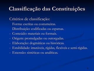 Classificação das Constituições Critérios de classificação: Forma: escritas ou costumeiras. Distribuição: codificadas ou esparsas. -  Conteúdo: materiais ou formais. -  Origem: promulgadas ou outorgadas. -  Elaboração: dogmáticas ou históricas. -  Estabilidade: imutáveis, rígidas, flexíveis e semi-rígidas. -  Extensão: sintéticas ou analíticas. 
