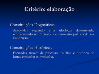 Critério: elaboração Constituições Dogmáticas. Aprovadas seguindo uma ideologia determinada, representando um “retrato” do momento político de sua elaboração. Constituições Históricas. Formadas através de processo dialético e histórico de lentas evoluções e involuções. 