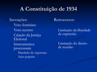 A Constituição de 1934 Inovações: Voto feminino Voto secreto Criação da Justiça Eleitoral Instrumentos processuais Mandado de segurança Ação popular Retrocessos: Limitação da liberdade de expressão Limitação do direito de reunião 