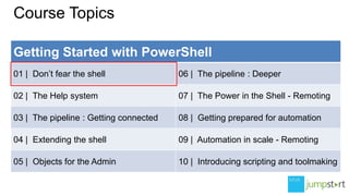 Course Topics
Getting Started with PowerShell
01 | Don’t fear the shell

06 | The pipeline : Deeper

02 | The Help system

07 | The Power in the Shell - Remoting

03 | The pipeline : Getting connected

08 | Getting prepared for automation

04 | Extending the shell

09 | Automation in scale - Remoting

05 | Objects for the Admin

10 | Introducing scripting and toolmaking

 