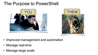 The Purpose to PowerShell
YOU

• Improved management and automation

• Manage real-time
• Manage large scale

THEM

 