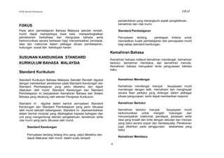 KSSR Sekolah Kebangsaan                                                                                               DRAF

                                                                      persekolahan yang merangkumi aspek pengetahuan,
                                                                      kemahiran dan nilai murni.
FOKUS
Pada akhir pembelajaran Bahasa Malaysia sekolah rendah,               Standard Pembelajaran
murid dapat memperkaya kosa kata, mempertingkatkan
pemahaman berbahasa dan menguasai bahasa serta                        Pernyataan tentang         penetapan kriteria untuk
berkomunikasi secara berkesan bagi menyampaikan pendapat,             memastikan kualiti pembelajaran dan pencapaian murid
idea dan maklumat dalam pelbagai situasi pembelajaran,                bagi setiap standard kandungan.
hubungan sosial dan kehidupan harian.
                                                                 Kemahiran Bahasa
SUSUNAN KANDUNGAN STANDARD
                                                                 Kemahiran bahasa meliputi kemahiran mendengar, kemahiran
KURIKULUM BAHASA MALAYSIA                                        bertutur, kemahiran membaca, dan kemahiran menulis.
                                                                 Kemahiran bahasa merupakan teras penguasaan bahasa
                                                                 baku.
Standard Kurikulum

Standard Kurikulum Bahasa Malaysia Sekolah Rendah digubal             Kemahiran Mendengar
dengan memberikan penekanan pada Standard Kandungan dan
Standard Pembelajaran yang perlu diketahui dan dapat                  Kemahiran mendengar merujuk        keupayaan murid
dilakukan oleh murid. Standard Kandungan dan Standard                 mendengar dengan teliti, memahami dan menghayati
Pembelajaran ini berpaksikan Kemahiran Bahasa dan Sistem              secara lisan perkara yang didengar dalam pelbagai
Bahasa yang disokong oleh elemen Pengisian Kurikulum.                 situasi pengucapan, serta dapat memberikan respons.

Standard ini     digubal dalam bentuk pernyataan Standard             Kemahiran Bertutur
Kandungan dan Standard Pembelajaran yang perlu dikuasai
oleh murid sekolah kebangsaan. Standard ini dipersembahkan            Kemahiran bertutur merujuk            keupayaan murid
dalam bentuk modular yang dibahagikan kepada bahagian dan             berkomunikasi      untuk     menjalin   hubungan    dan
unit yang mengandungi elemen pengetahuan, kemahiran serta             menyampaikan maklumat, pendapat, perasaan serta
nilai murni yang perlu dikuasai oleh murid.                           idea yang kreatif dan kritis dengan sebutan dan intonasi
                                                                      yang betul secara sopan dan bertatasusila. Penekanan
       Standard Kandungan                                             juga diberikan pada penggunaan tatabahasa yang
                                                                      betul.
       Pernyataan tentang bidang ilmu yang patut diketahui dan
       dapat dilakukan oleh murid dalam suatu tempoh                  Kemahiran Membaca

                                                                 4
 
