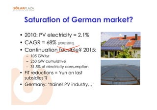 Saturation of German market?
• 2010: PV electricity = 2.1%
• CAGR = 68% (2002-2010)
• Continuation feasible? 2015:
   –  105 GW/yr
   –  250 GW cumulative
   –  31,5% of electricity consumption
•  FiT reductions = ‘run on last
   subsidies’?
•  Germany: ‘trainer PV industry…’
 