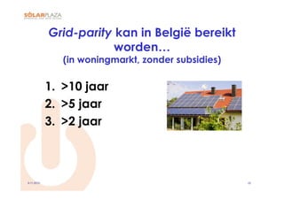 Grid-parity kan in België bereikt
                        worden…
               (in woningmarkt, zonder subsidies)

            1.  >10 jaar
            2.  >5 jaar
            3.  >2 jaar



9-11-2010                                           22
 