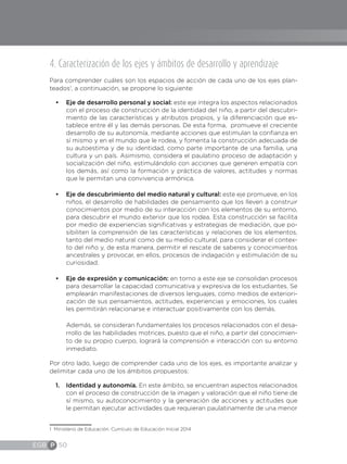 EGB P 50
4. Caracterización de los ejes y ámbitos de desarrollo y aprendizaje
Para comprender cuáles son los espacios de acción de cada uno de los ejes plan-
teados1
, a continuación, se propone lo siguiente:
•	 Eje de desarrollo personal y social: este eje integra los aspectos relacionados
con el proceso de construcción de la identidad del niño, a partir del descubri-
miento de las características y atributos propios, y la diferenciación que es-
tablece entre él y las demás personas. De esta forma, promueve el creciente
desarrollo de su autonomía, mediante acciones que estimulan la confianza en
sí mismo y en el mundo que le rodea, y fomenta la construcción adecuada de
su autoestima y de su identidad, como parte importante de una familia, una
cultura y un país. Asimismo, considera el paulatino proceso de adaptación y
socialización del niño, estimulándolo con acciones que generen empatía con
los demás, así como la formación y práctica de valores, actitudes y normas
que le permitan una convivencia armónica.
•	 Eje de descubrimiento del medio natural y cultural: este eje promueve, en los
niños, el desarrollo de habilidades de pensamiento que los lleven a construir
conocimientos por medio de su interacción con los elementos de su entorno,
para descubrir el mundo exterior que los rodea. Esta construcción se facilita
por medio de experiencias significativas y estrategias de mediación, que po-
sibiliten la comprensión de las características y relaciones de los elementos,
tanto del medio natural como de su medio cultural, para considerar el contex-
to del niño y, de esta manera, permitir el rescate de saberes y conocimientos
ancestrales y provocar, en ellos, procesos de indagación y estimulación de su
curiosidad.
•	 Eje de expresión y comunicación: en torno a este eje se consolidan procesos
para desarrollar la capacidad comunicativa y expresiva de los estudiantes. Se
emplearán manifestaciones de diversos lenguajes, como medios de exteriori-
zación de sus pensamientos, actitudes, experiencias y emociones, los cuales
les permitirán relacionarse e interactuar positivamente con los demás.
Además, se consideran fundamentales los procesos relacionados con el desa-
rrollo de las habilidades motrices, puesto que el niño, a partir del conocimien-
to de su propio cuerpo, logrará la comprensión e interacción con su entorno
inmediato.
Por otro lado, luego de comprender cada uno de los ejes, es importante analizar y
delimitar cada uno de los ámbitos propuestos:
1.	 Identidad y autonomía. En este ámbito, se encuentran aspectos relacionados
con el proceso de construcción de la imagen y valoración que el niño tiene de
sí mismo, su autoconocimiento y la generación de acciones y actitudes que
le permitan ejecutar actividades que requieran paulatinamente de una menor
1 Ministerio de Educación. Currículo de Educación Inicial 2014
 