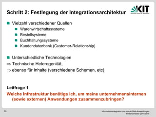 Informationsintegration und mobile Web-Anwendungen Wintersemester 2014/2015 
33 
Schritt 2: Festlegung der Integrationsarchitektur Vielzahl verschiedener Quellen Warenwirtschaftssysteme Bestellsysteme Buchhaltungssysteme Kundendatenbank (Customer-Relationship) Unterschiedliche Technologien 
Technische Heterogenität, 
ebenso für Inhalte (verschiedene Schemen, etc) 
Leitfrage 1 
Welche Infrastruktur benötige ich, um meine unternehmensinternen (sowie externen) Anwendungen zusammenzubringen?  
