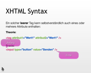 XHTML Syntax
Ein solcher leerer Tag kann selbstverständlich auch eines oder
mehrere Attribute enthalten:
Theorie:

<tag attribut1=”Wert1” attribut2=”Wert1” />
Anfang
Praxis:
<input type=”button” value=”Senden” />

                                               Ende
 