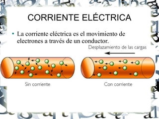 CORRIENTE ELÉCTRICA
●
La corriente eléctrica es el movimiento de
electrones a través de un conductor.
 
