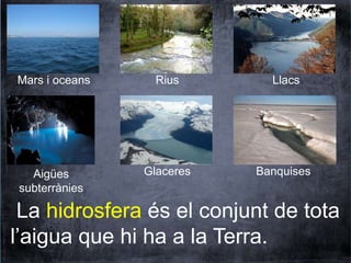 Mars i oceans Rius Llacs 
Aigües 
subterrànies 
Glaceres Banquises 
La hidrosfera és el conjunt de tota 
l’aigua que hi ha a la Terra. 
 