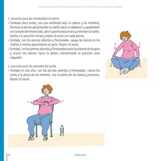 Embarazo
FECUNDACION CONCEPTO DESARROLLO EMBRIONARIO Y FETAL ADAPTACION DE LA MUJER AL EMBARAZO
36
2. Ejercicios para dar elasticidad a la pelvis
• Tumbada boca arriba, con una almohada bajo la cabeza y los hombros,
flexiona la pierna aproximando la rodilla hacia el abdomen y ayudándote
conlamanodelmismolado,abrelapiernahaciafuerayextiendelarodilla.
Vuelve a la posición inicial y repite 10 veces con cada pierna.
• Sentada, con las piernas abiertas y flexionadas, apoya las manos en las
rodillas e intenta aproximarlas al suelo. Repite 20 veces.
• Sentada,conlaspiernasabiertasyflexionadasjuntalasplantasdelospies
y acerca los talones hacia la pelvis, manteniendo la posición unos
segundos.
3. Ejercicios para los músculos del pecho
• Sentada en una silla, con las piernas abiertas y flexionadas, coloca los
codos a la altura de los hombros, une la palma de las manos y presiona.
Repite 20 veces.
16-39 salud.qxd:-01 Guia_emba_01 4.qxd 18/6/08 08:59 Página 36
 