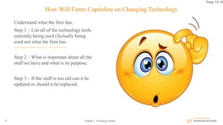 How Will Firms Capitalize on Changing Technology
Understand what the firm has.
Step 1 – List all of the technology tools
currently being used (Actually being
used not what the firm has.
Step 2 – What is important about all the
stuff we have and what is its purpose.
Step 3 – If the stuff is too old can it be
updated or should it be replaced.
Chapter 1: Emerging Trends26
Page 13-14
 