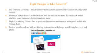 Eight Changes to Take Notice Of
5. The Demand Economy – Steady employment is at risk as more individuals work only when
needed.
6. Facebook’s Workplace – AI inserts itself into the service business, the Facebook model
chatbots guide customers through decision trees.
7. Digital Marketing Gains – Ads in print media continue to disappear as targeted mobile ads
replace them.
8. Twitter Introduces Live Video – Sharing information will change as video replaces text and
phone.
Chapter 1: Emerging Trends5
Page 2
 