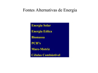 Fontes Alternativas de Energia Energia Solar Energia Eólica Biomassa PCH’s Mare-Motriz Células Combústivel 