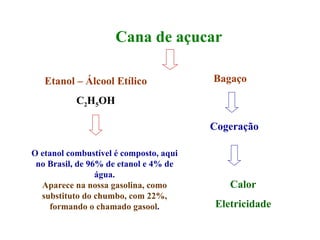 Cana de açucar O etanol combustível é composto, aqui no Brasil, de 96% de etanol e 4% de água. Aparece na nossa gasolina, como substituto do chumbo, com 22%, formando o chamado gasool . Etanol – Álcool Etílico C 2 H 5 OH Bagaço  Cogeração Calor Eletricidade 
