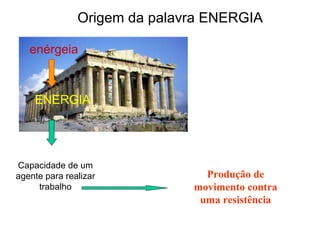 enérgeia ENERGIA Capacidade de um agente para realizar trabalho Produção de movimento contra uma resistência Origem da palavra ENERGIA 