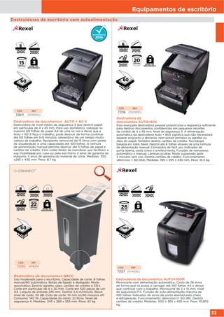 Equipamentos de escritório
33
Destruidora de
documentos AUTO+80X
Esta avançada destruidora pessoal proporciona a segurança suficiente
para destruir documentos confidenciais em pequenos recortes
de confeti de 4 x 45 mm. Nível de segurança 3. A alimentação
automática da destruidora Auto + 80X significa que não necessitará
esperar enquanto a alimenta, nem extrair primeiro os agrafes ou
clips do papel. Também destrói cartões de crédito. Tecnologia
basada em rolos fiável. Destrói até 6 folhas através de uma ranhura
de alimentação manual. Comandos de fácil uso. Indicador de
porta aberta, cesto cheio e arrefecimento. Funções de retrocesso
automático e manual. Lâminas ocultas. Modo suspensão após
2 minutos sem uso. Destrói cartões de crédito. Funcionamento
silencioso < 60 DbA. Medidas: 395 x 295 x 430 mm. Peso: 10,4 kg.
CÓD. REF.
72136 2103080EU
80
NIVEL DE
SEGURANÇA
Destruidoras de escritório com autoalimentação
Destruidora de documentos AUTO + 60 X
Destruidora de nivel médio de segurança 3 que destroí papel
em particulas de 4 x 45 mm. Para uso doméstico, coloque no
máximo 60 folhas de papel A4 de uma só vez e deixe que a
Auto + 60 X faça o trabalho, pode destruir de forma continua
até 60 folhas em 6-8 minutos, salvando-o de um tempo muito
valioso de trabalho. Recipiente removível de 15 litros com janela
de visualizalção e uma capacidade até 100 folhas. A ranhura
de alimentação manual permite destruir até 5 folhas de papel e
cartões de crédito. Com rodas facéis de manobrar que facilitam a
sua mobilidade por casa ou pelo escritório. 2 anos de garantia da
máquina, 5 anos de garantia do material de corte. Medidas: 350
x295 x 430 mm. Peso: 8,7 kg.
CÓD. REF.
52841 2103060EU
60
Destruidora de documentos Q8CC
Uso moderado para o escritório. Capacidade de corte: 8 folhas
manual/60 automática. Botão de ligado e desligado. Modo
automático. Destrói agrafes, clips, cartões de crédito e CD’s.
Corte em partículas de 4 x 30 mm. Corte em 520 peças de um
A4. Largura de entrada 225 mm. Destrói 2,4 m/minuto. Baixo
nível de ruído: 55 dB. Ciclo de corte: 10 min on/45 minutos off.
Consumo: 140 W. Capacidade do cesto: 22 litros. Nível de
segurança 4. Medidas: 345 x 269 x 555 mm. Peso: 9,1 kg.
CÓD. REF.
72085 KF16374
60
Destruidora de documentos AUTO+100M
Microcorte com alimentação automática. Cesto de 26 litros
de forma que se possa a carregar até 100 folhas A4 e deixar
que continue com o trabalho. Microcorte de 2 x 15 mm, nível
de segurança P-5. Função de auto-alimentação máxima de
100 folhas. Indicador de aviso de porta aberta/cesto cheio
e refrigeração. Funcionamento silencioso (< 60 dB). Destrói
cartões de crédito. Medidas: 500 x 365 x 492 mm. Peso. 10,905
kg.
CÓD. REF.
72137 2104100EU
26litros
100
NIVEL DE
SEGURANÇA
NIVEL DE
SEGURANÇA NIVEL DE
SEGURANÇA
 
