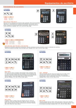 Equipamentos de escritório
7
SDC-444S
12 digítos. Solar e a pilhas. Tecla de margem de lucro. Tecla de
duplo zero. Tecla de arredondamento décimal. Tecla que permite
fixar a posição décimal. Soma e subtracção de memória. Medidas:
199 x 153 x 30,5 mm. Peso: 209 g.
CÓD. REF.
52767 SDC-444S
SDC-414N
Tecla de margem de lucro (MU). Teclas de duplo e triplo zero. Tecla de
arredondamento decimal. Tecla que permite fixar a posição decimal. Tecla
de correção de entrada. Medidas: 203 x 157 x 29 mm. Peso: 240 g.
CÓD. REF.
19814 SDC-414N
Calculadoras de secretária
SDC-022-S e SDC-011-S
Tecla de soma e subtração de memória. Raíz quadrada. Tecla de percentagem.
Tecla de +/-. Calculadora de secretária ECO eficiente, Dual power: solar e
pilhas. Pequena em tamanho, grande em prestações, robusta duradoura e
muito económica. Medidas: 119,7 x 87 x 23,1 mm. Peso: 66g.
CÓD. REF.
50395 SDC-022-S
50394 SDC-011-S
SDC - 888XBK
Tecla de posição decimal. Tecla de margem de lucro (MU). Tecla
de duplo zero. Tecla de correção de entrada. Raiz quadrada.
Percentagem. Soma e subtracção de memória. Arredondamento.
Medidas: 203 x 15,8 x 3,1 mm. Peso: 231 g.
CÓD. REF.
14361 SDC-888XBK
SDC-4310
Visor LCD de 1 linha e 12 dígitos. Percentagem. Raiz quadrada. Tecla
+/-. Tecla de dupla programação de impostos. Soma e subtração de
memória. Tecla de correção de entrada. Desliga-se automaticamente.
Tecla de duplo 0. Tecla de margem de lucro. Tecla de posição
decimal. Medidas: 175 x 130 x 33 mm. Peso: 168 g.
CÓD. REF.
38879 SDC-4310
SDC-805-BN, SDC-810-BN e SCD-812-BN
Pequena em tamanho, grande em prestações, robusta, duradoura e muito económica. Soma e subtração de memória.
Tecla de correção de entrada. Tecla de duplo zero. Medidas: 125 x 100 x 34 mm. Peso: 194g.
CÓD. REF. NÚMERO DE DÍGITOS
50396 SDC-805-BN 8 DÍG.
50397 SDC-810-BN 10 DÍG.
76149 SDC- 812-BN 12 DÍG.
 