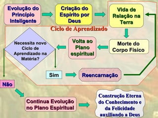 Evolução do                 Criação do             Vida de
   Princípio                 Espírito por          Relação na
  Inteligente                   Deus                 Terra
                       Ciclo de Aprendizado

      Necessita novo              Volta ao          Morte do
         Ciclo de                  Plano           Corpo Físico
      Aprendizado na             espiritual
         Matéria?


                       Sim           Reencarnação
Não

                                              Construção Eterna
           Continua Evolução                  do Conhecimento e
           no Plano Espiritual                   da Felicidade
                                              auxiliando a Deus
 
