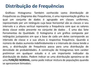 Distribuição de Frequências
Gráficos: Histograma: Também conhecido como Distribuição de
Frequências ou Diagrama das Frequências, é uma representação gráfica na
qual um conjunto de dados é agrupado em classes uniformes,
representado por um retângulo cuja base horizontal são as classes e seu
intervalo e a altura vertical representa a frequência com que os valores
desta classe estão presente no conjunto de dados . É uma das Sete
Ferramentas da Qualidade. O histograma é um gráfico composto por
retângulos justapostos em que a base de cada um deles corresponde ao
intervalo de classe e a sua altura à respectiva frequência. Quando o
número de dados aumenta indefinidamente e o intervalo de classe tende a
zero, a distribuição de frequência passa para uma distribuição de
densidade de probabilidades. A construção de histogramas tem caráter
preliminar em qualquer estudo e é um importante indicador da
distribuição de dados. Podem indicar se uma distribuição aproxima-se de
uma FUNÇÃO NORMAL, como pode indicar mistura de populações quando
se apresentam bimodais.
 