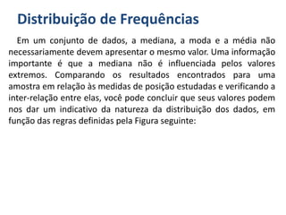 Distribuição de Frequências
Em um conjunto de dados, a mediana, a moda e a média não
necessariamente devem apresentar o mesmo valor. Uma informação
importante é que a mediana não é influenciada pelos valores
extremos. Comparando os resultados encontrados para uma
amostra em relação às medidas de posição estudadas e verificando a
inter-relação entre elas, você pode concluir que seus valores podem
nos dar um indicativo da natureza da distribuição dos dados, em
função das regras definidas pela Figura seguinte:
 