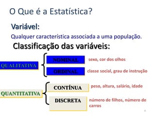 6
QUALITATIVA
QUANTITATIVA
NOMINAL
ORDINAL
CONTÍNUA
DISCRETA
peso, altura, salário, idade
número de filhos, número de
carros
sexo, cor dos olhos
classe social, grau de instrução
Variável:
Qualquer característica associada a uma população.
Classificação das variáveis:
O Que é a Estatística?
 
