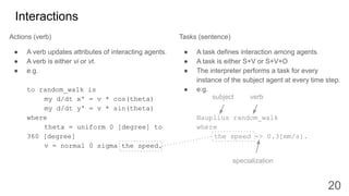 Interactions
Actions (verb)
● A verb updates attributes of interacting agents.
● A verb is either vi or vt.
● e.g.
to rand...