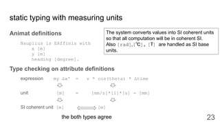 static typing with measuring units
Animat definitions
Nauplius is EAffinis with
x [m]
y [m]
heading [degree].
Type checkin...