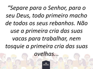 “Separe para o Senhor, para o
seu Deus, todo primeiro macho
de todos os seus rebanhos. Não
use a primeira cria das suas
vacas para trabalhar, nem
tosquie a primeira cria das suas
ovelhas...
 