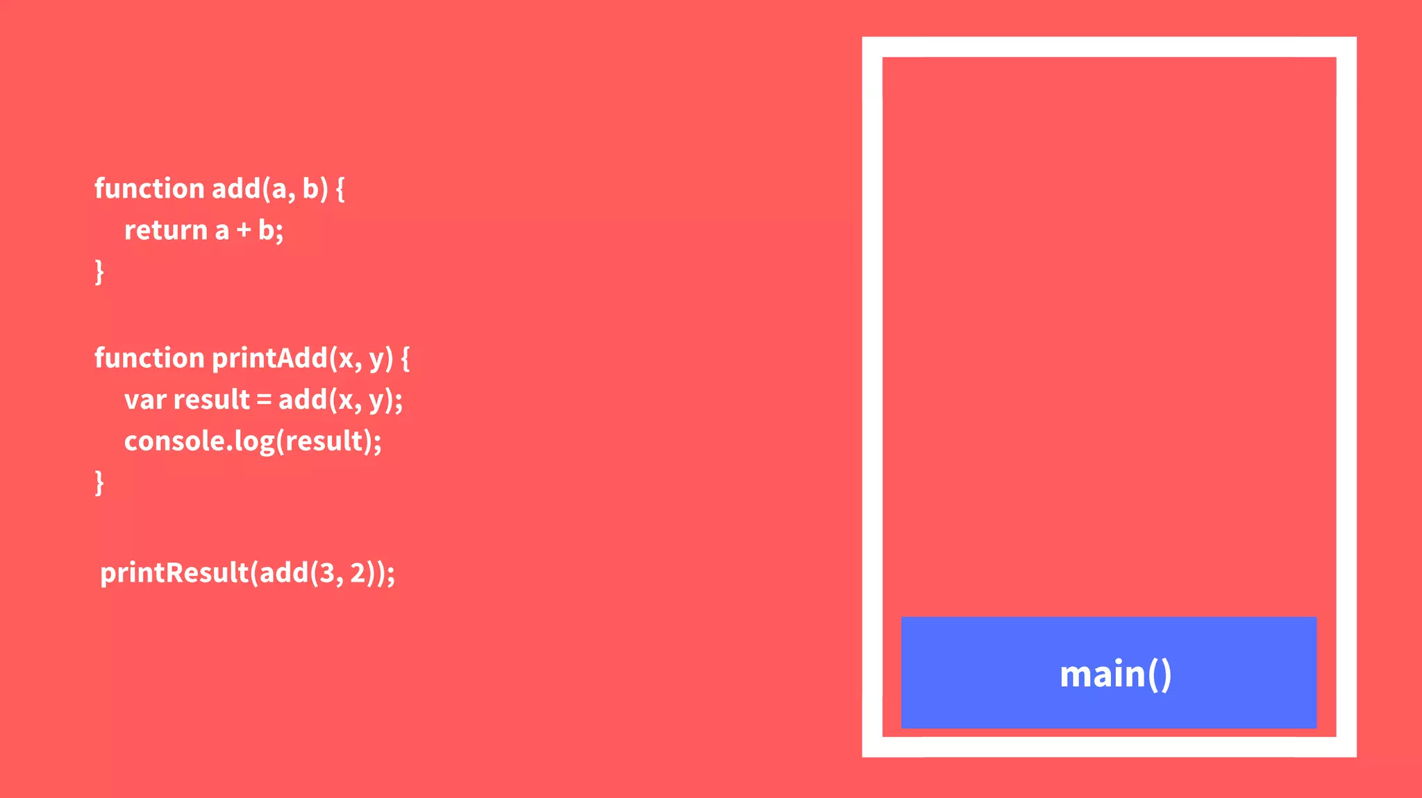 printResult(add(3, 2));
function printAdd(x, y) {
var result = add(x, y);
console.log(result);
}
function add(a, b) {
return a + b;
}
main()
 
