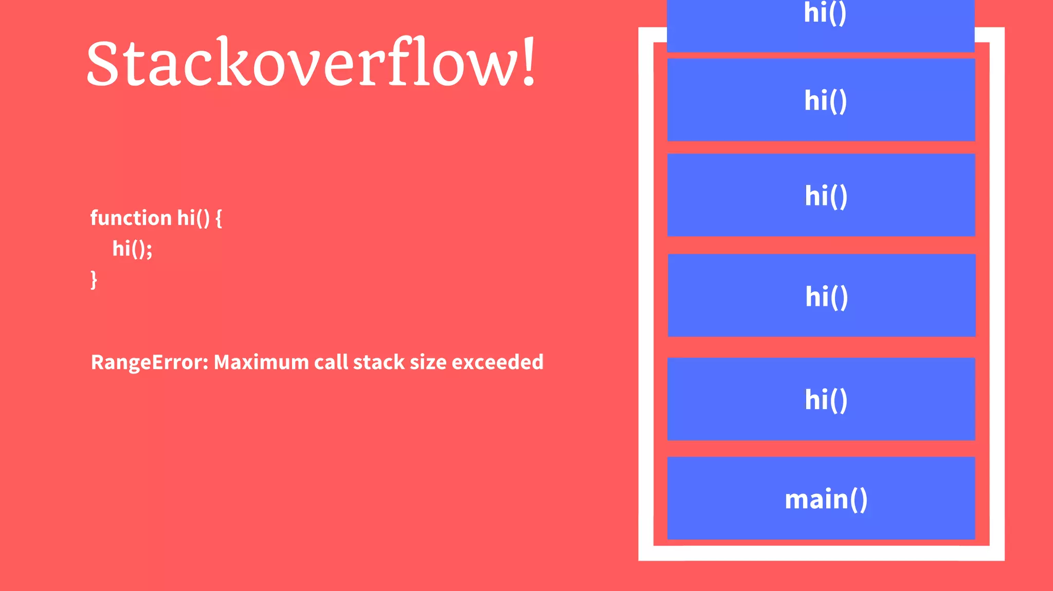function hi() {
hi();
}
main()
Stack
RangeError: Maximum call stack size exceeded
Stackoverflow!
hi()
hi()
hi()
hi()
hi()
 