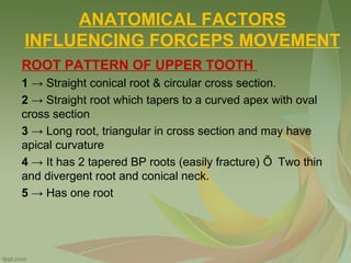 ANATOMICAL FACTORS
INFLUENCING FORCEPS MOVEMENT
ROOT PATTERN OF UPPER TOOTH
1 → Straight conical root & circular cross section.
2 → Straight root which tapers to a curved apex with oval
cross section
3 → Long root, triangular in cross section and may have
apical curvature
4 → It has 2 tapered BP roots (easily fracture) Õ Two thin
and divergent root and conical neck.
5 → Has one root
 