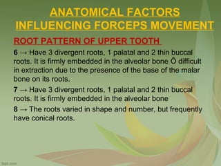 ANATOMICAL FACTORS
INFLUENCING FORCEPS MOVEMENT
ROOT PATTERN OF UPPER TOOTH
6 → Have 3 divergent roots, 1 palatal and 2 thin buccal
roots. It is firmly embedded in the alveolar bone Õ difficult
in extraction due to the presence of the base of the malar
bone on its roots.
7 → Have 3 divergent roots, 1 palatal and 2 thin buccal
roots. It is firmly embedded in the alveolar bone
8 → The roots varied in shape and number, but frequently
have conical roots.
 