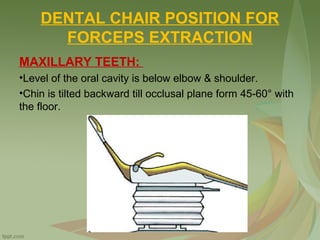 DENTAL CHAIR POSITION FOR
FORCEPS EXTRACTION
MAXILLARY TEETH:
•Level of the oral cavity is below elbow & shoulder.
•Chin is tilted backward till occlusal plane form 45-60° with
the floor.
 