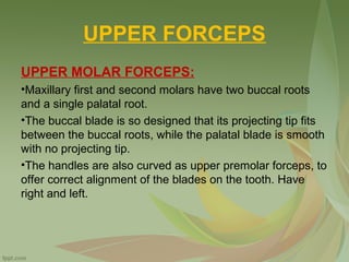 UPPER FORCEPS
UPPER MOLAR FORCEPS:
•Maxillary first and second molars have two buccal roots
and a single palatal root.
•The buccal blade is so designed that its projecting tip fits
between the buccal roots, while the palatal blade is smooth
with no projecting tip.
•The handles are also curved as upper premolar forceps, to
offer correct alignment of the blades on the tooth. Have
right and left.
 