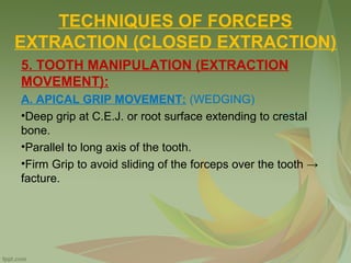 TECHNIQUES OF FORCEPS
EXTRACTION (CLOSED EXTRACTION)
5. TOOTH MANIPULATION (EXTRACTION
MOVEMENT):
A. APICAL GRIP MOVEMENT: (WEDGING)
•Deep grip at C.E.J. or root surface extending to crestal
bone.
•Parallel to long axis of the tooth.
•Firm Grip to avoid sliding of the forceps over the tooth →
facture.
 
