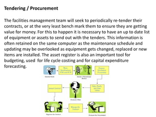 Tendering / Procurement
The facilities management team will seek to periodically re-tender their
contracts, or at the very least bench mark them to ensure they are getting
value for money. For this to happen it is necessary to have an up to date list
of equipment or assets to send out with the tenders. This information is
often retained on the same computer as the maintenance schedule and
updating may be overlooked as equipment gets changed, replaced or new
items are installed. The asset register is also an important tool for
budgeting, used for life cycle costing and for capital expenditure
forecasting.
 