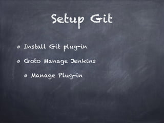 Setup Git
Install Git plug-in
Goto Manage Jenkins
Manage Plug-in
 