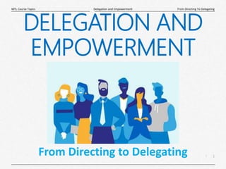 1
|
From Directing To Delegating
Delegation and Empowerment
MTL Course Topics
From Directing to Delegating
DELEGATION AND
EMPOWERMENT
 