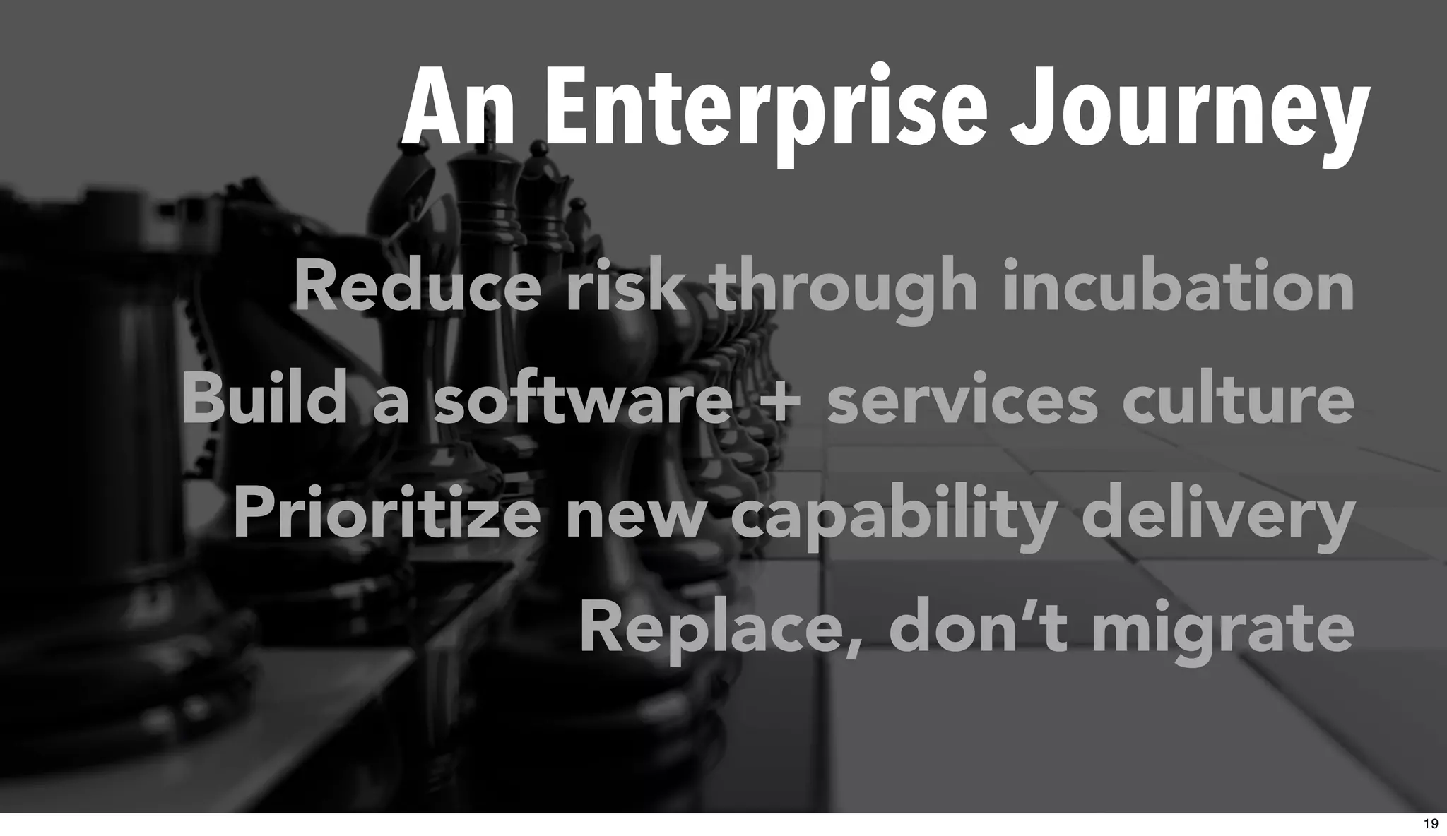 An Enterprise Journey
Reduce risk through incubation
Build a software + services culture
Prioritize new capability delivery
Replace, don’t migrate
19