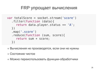 26
var totalScore = socket.stream('score')
.filter(function (data){
return data.player.status == 'A';
})
.map('.score')
.reduce(function (sum, score){
return sum + score;
})
FRP упрощает вычисления
+ Вычисления не производятся, если они не нужны
+ Состояние чистое
+ Можно переиспользовать функции-обработчики
 