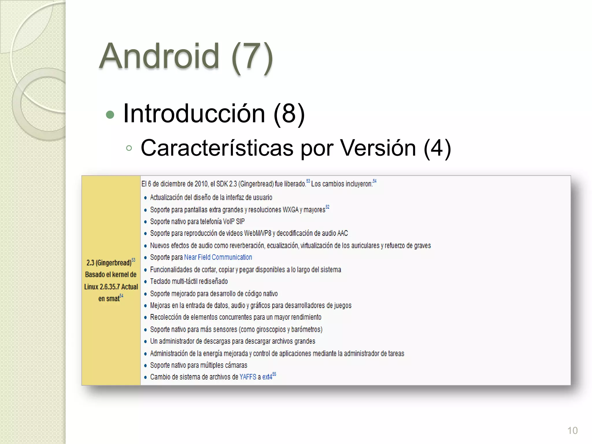 Android (7)
   Introducción (8)
    ◦ Características por Versión (4)




                                        10
 