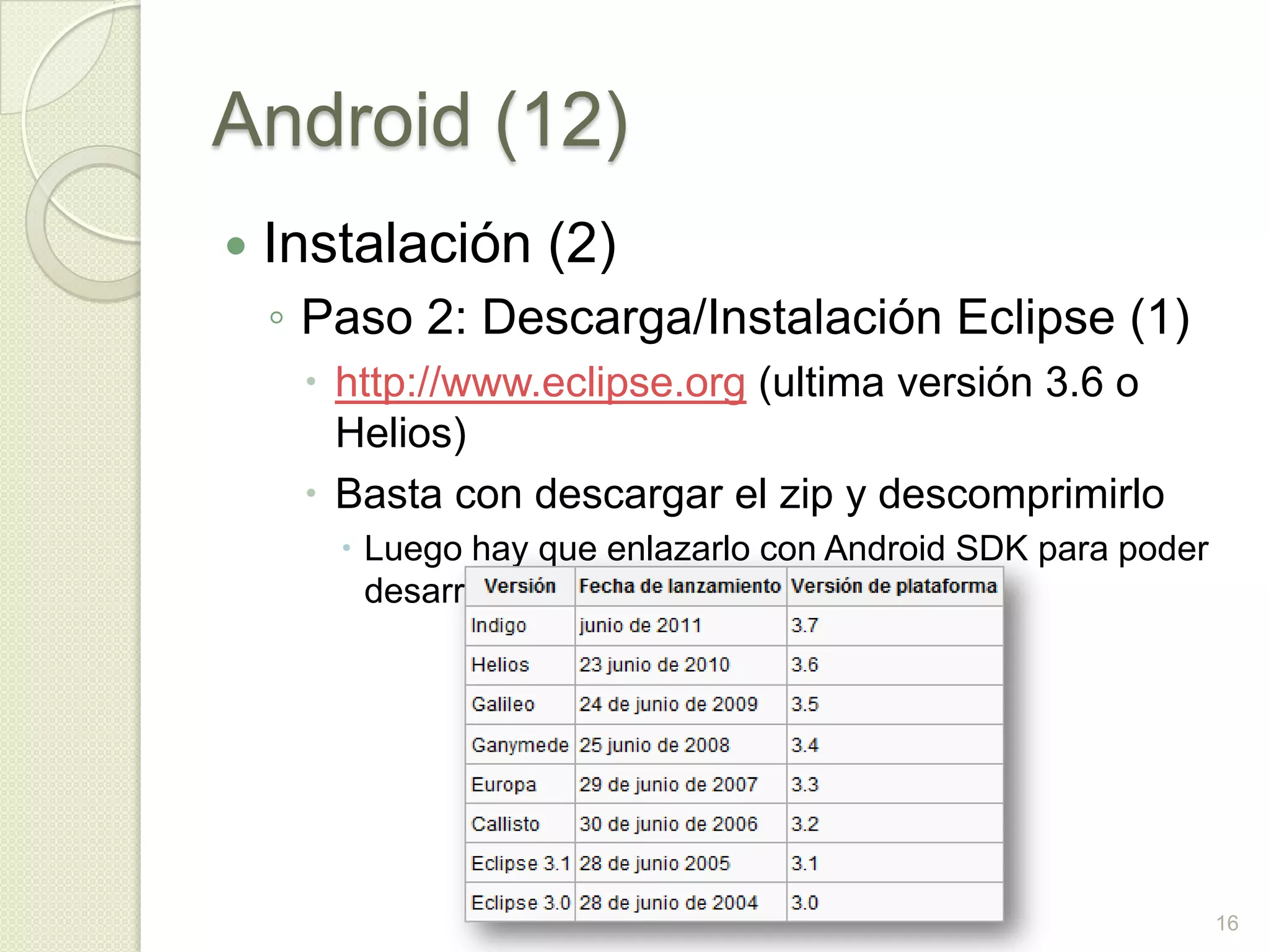 Android (12)
   Instalación (2)
    ◦ Paso 2: Descarga/Instalación Eclipse (1)
      http://www.eclipse.org (ultima versión 3.6 o
       Helios)
      Basta con descargar el zip y descomprimirlo
        Luego hay que enlazarlo con Android SDK para poder
         desarrollar




                                                              16
 
