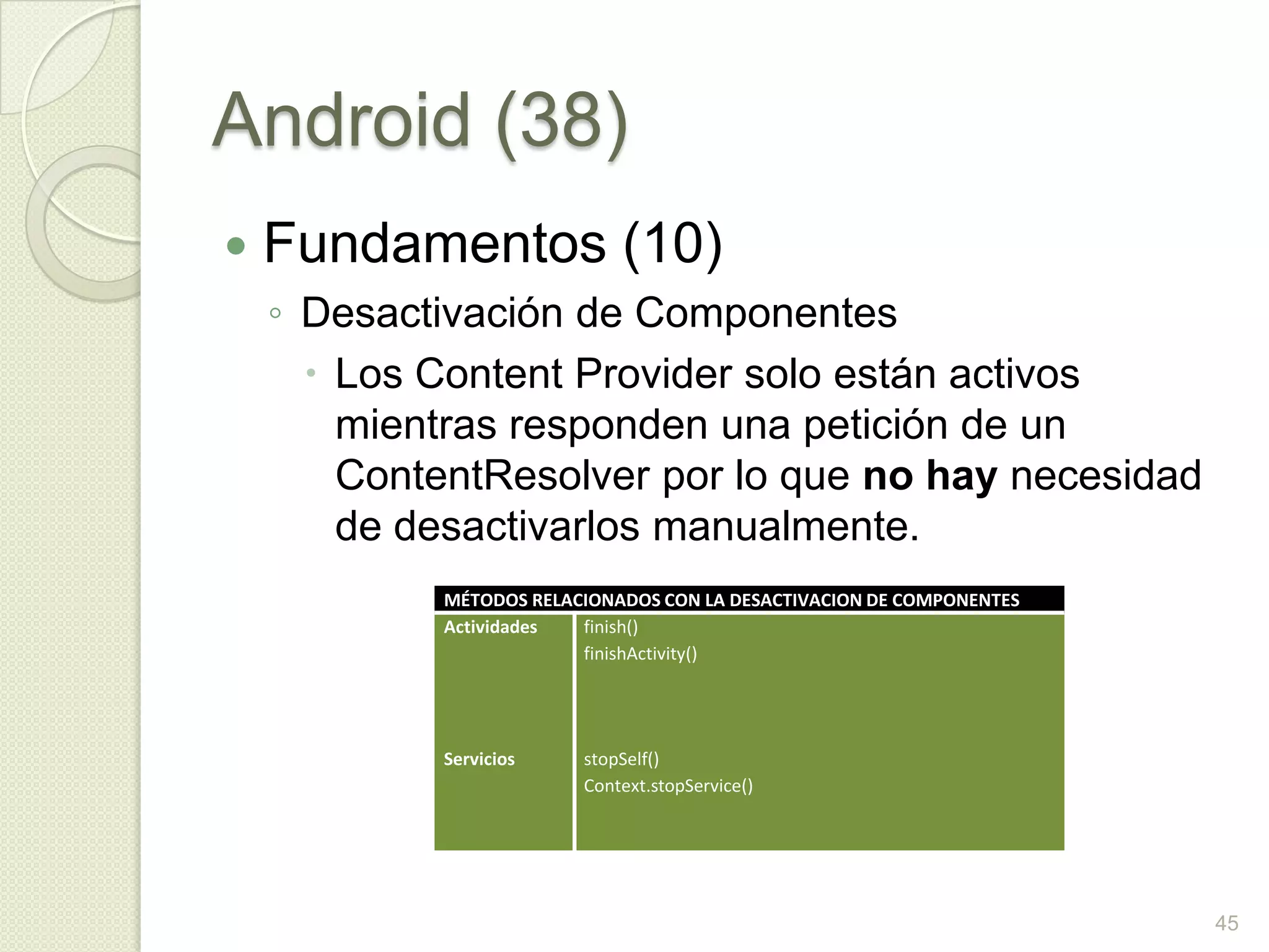 Android (38)
   Fundamentos (10)
    ◦ Desactivación de Componentes
       Los Content Provider solo están activos
        mientras responden una petición de un
        ContentResolver por lo que no hay necesidad
        de desactivarlos manualmente.
            MÉTODOS RELACIONADOS CON LA DESACTIVACION DE COMPONENTES
            Actividades  finish()
                         finishActivity()




            Servicios    stopSelf()
                         Context.stopService()




                                                                       45
 